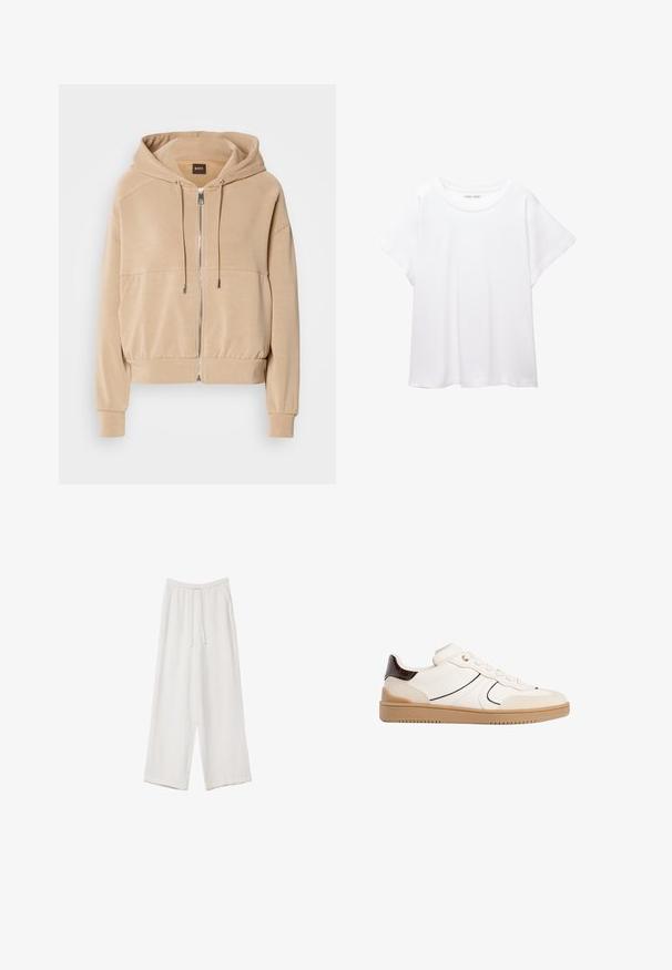 Beige hoodie med lynlås foran, justerbare snore, ribbede manchetter og en afslappet pasform. Fremstillet af blødt, letvægtsstof.; Hvid T-shirt lavet af blødt, let stof. Har en rund halsudskæring og korte, brede ærmer med en afslappet pasform. Ingen synlige mønstre.; Hvide bukser med bred benlængde lavet af et letvægtsstof. Har et elastisk talje med snor og sidelommer. Glat tekstur.; Stradivarius Sneakers - white