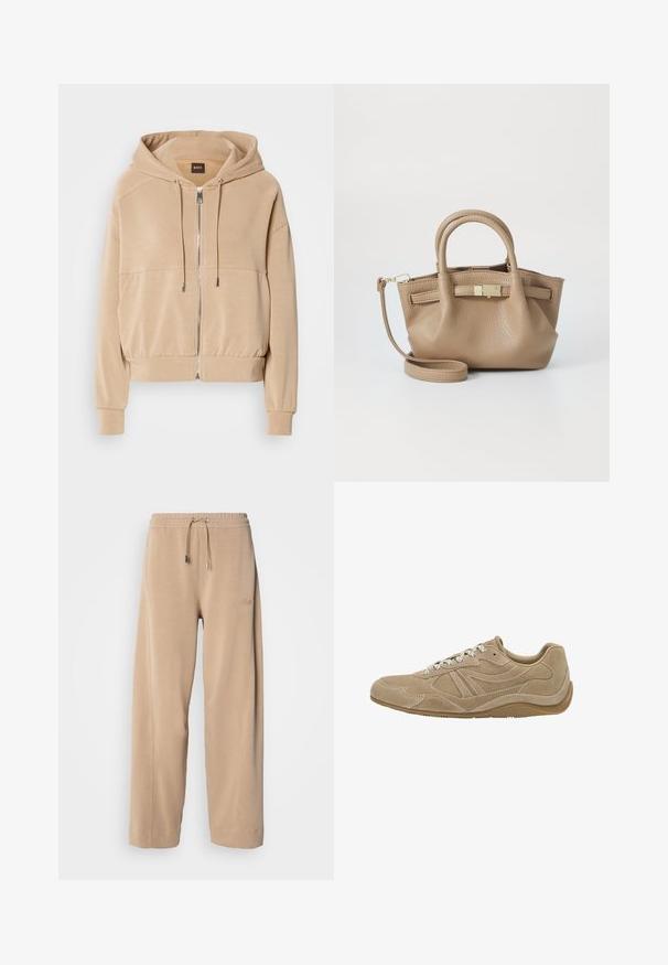 Beige huvtröja med dragkedja fram, justerbara snoddar, ribbade manschetter och en avslappnad passform. Tillverkad av mjukt, lättviktigt material.; Vit långärmad t-shirt gjord av mjuk bomull, med rund halsringning och sänkt axeldesign, med en avslappnad passform och utan synliga mönster.; Beiga, vida byxor gjorda av mjukt tyg med elastisk midja och dragsko. Har subtil märkning på sidan och sidofickor.; Beige mockasinsneakers med låg profil, texturerad yta och vita snören. Har en böjd design och en gummisula för bra grepp.; Brun läderhandväska med dubbla handtag och en avtagbar axelrem. Har ett lås i guldton och en texturerad yta.