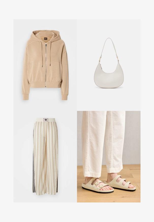 Beżowa bluza z kapturem z zamkiem z przodu, regulowanymi sznurkami, prążkowanymi mankietami i luźnym krojem. Wykonana z miękkiego, lekkiego materiału.; Ciemnobrązowa koszulka z krótkim rękawem, wykonana z gładkiego, elastycznego materiału, z klasycznym okrągłym dekoltem i schludnymi szwami.; Kremowe szerokie spodnie w stylu palazzo z wzorem w zygzak, z czarnym paskiem z logo oraz bocznymi czarnymi paskami. Lekki, teksturowany materiał.; Jasno-beżowe sandały z trzema regulowanymi paskami z metalowymi klamrami, wyściełaną wkładką oraz czarną gumową podeszwą.; Kremowa skórzana torebka na ramię o kształcie półksiężyca, z cienkim paskiem i subtelnymi detalami przeszyć. Minimalistyczny design z akcentami w kolorze złota.