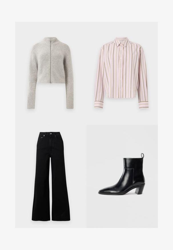 Siddende, cropped sweater i lys grå. Lavet af blødt, tekstureret stof med høj krave og lynlås foran. Ribstrikkede manchetter og kant.; Lyserød stribet skjorte med lodrette linjer i grøn og gul, knaplukning og lange ærmer med kontrastmanchetter.; Sorte jeans med vide ben lavet af denim, med høj talje, fem lommer, knaplukning foran og minimal syning.; Sort læder ankelstøvle med spids tå, geometrisk stablet hæl og en løftestrop bagpå. Glat tekstur og slankt design.