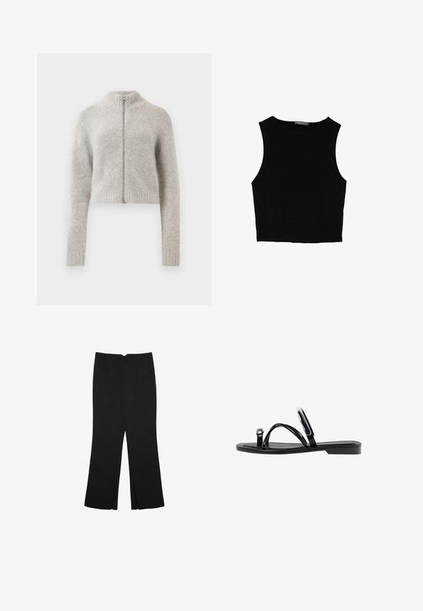 Taillierter, kürzer geschnittener Pullover in Hellgrau. Hergestellt aus weichem, strukturiertem Stoff mit hohem Kragen und Reißverschluss vorne. Rippbündchen und Saum.; Schwarzes ärmelloses Crop-Top aus glattem Stoff, mit rundem Ausschnitt und einem klaren, schlichten Design ohne Muster oder Beschläge.; Schwarze Hose mit geradem Schnitt, ausgestattet mit Fronttaschen und Seitenschlitzen am Saum. Hergestellt aus weichem, glattem Stoff. Geeignet für verschiedene Anlässe.; Schwarze flache Sandalen mit glänzender Oberfläche, drei dünnen Riemen und einem runden Hardware-Detail an den Zehen. Elegantes Design mit einem minimalen Absatz.