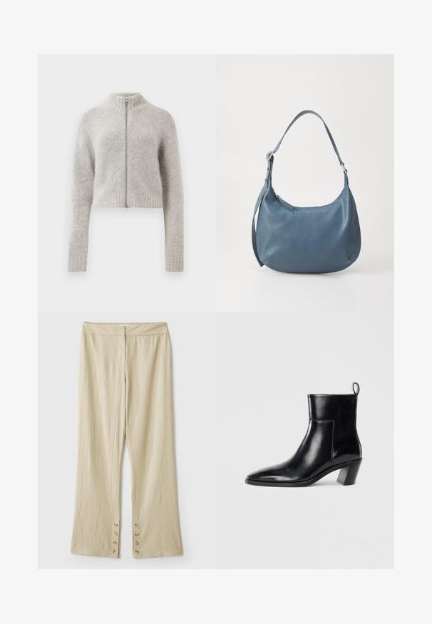 Aansluitende, verkorte trui in lichtgrijs. Gemaakt van zachte, gestructureerde stof met een hoge kraag en een rits aan de voorkant. Geribde manchetten en zoom.; Lichtroze tanktop gemaakt van zachte, rekbare stof. Heeft een ronde halslijn en smalle schouderbandjes, met een gladde textuur en een aansluitende pasvorm.; Beige wijde broek met een textuurstof. Heeft een platte tailleband en vijf knopen aan de onderkant voor sluiting. Geplooid ontwerp.; Zwarte leren enkelboot met een spitse neus, een geometrische gestapelde hak en een trekband aan de achterkant. Gladde textuur en slank ontwerp.; Blauwe leren handtas met een ronde vorm, enkele schouderriem, ritssluiting en geïmpregneerde merknaam aan de voorkant. Gladde textuur.