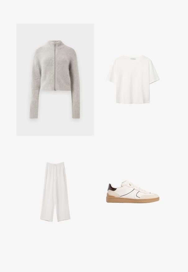 Taillierter, kürzer geschnittener Pullover in Hellgrau. Hergestellt aus weichem, strukturiertem Stoff mit hohem Kragen und Reißverschluss vorne. Rippbündchen und Saum.; Weißes T-Shirt mit kurzen Ärmeln aus Baumwolle. Hat einen Rundhalsausschnitt und eine lockere Passform. Glatte Textur ohne sichtbare Muster oder Akzente.; Weiße weit geschnittene Hose aus leichtem Stoff. Mit einem elastischen Bund und Kordelzug sowie Seitentaschen. Glatte Textur.; Stradivarius Sneaker low - white