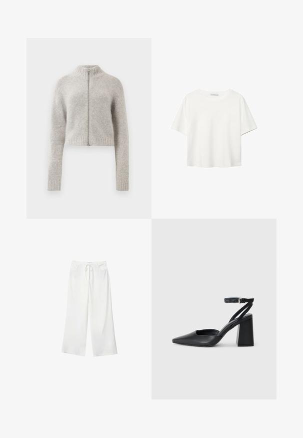 Prilegajoč, skrajšan pulover v svetlo sivi barvi. Narejen iz mehke, teksturirane tkanine z visokim ovratnikom in zadrgo spredaj. Riblani manšeti in spodnji del.; Bela kratka majica s kratkimi rokavi iz bombaža. Ima okroglo izrezovanje in sproščen kroj. Gladka tekstura brez vidnih vzorcev ali poudarkov.; Bela široka hlače iz mehkega materiala, z vrvico v pasu in dvema sprednjima žepoma. Gladek texture in brez vidnih vzorcev.; Črne usnjene klasične čevlje z ostrim nosom, z zaponko za gleženj in debelim peto. Ravna tekstura, eleganten dizajn in minimalistična estetika.