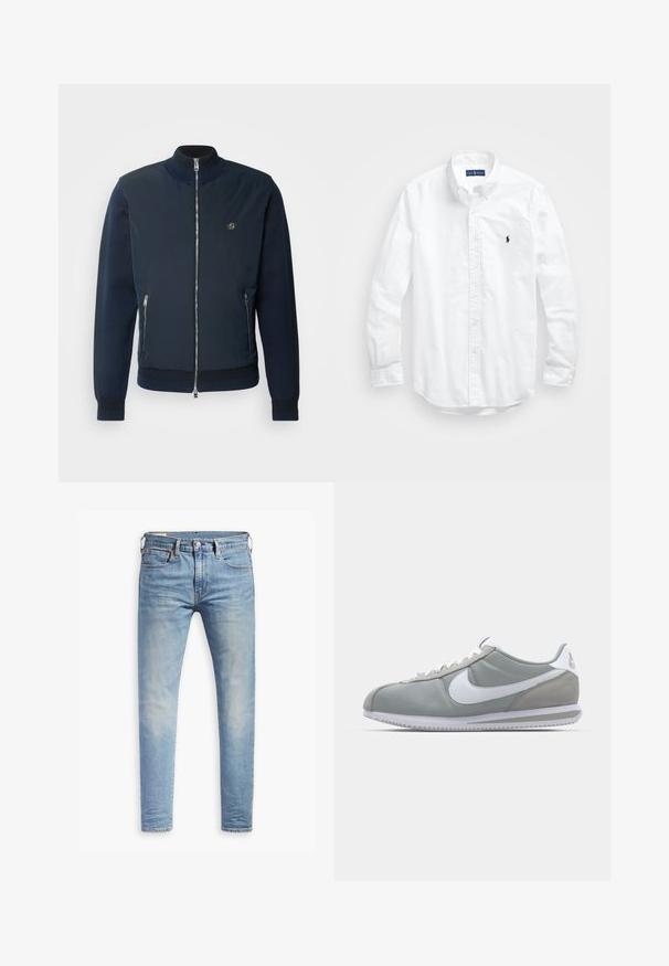 BOSS DARMANDO - Light jacket - dark blue; White long-sleeve button-up shirt in cotton. Features a classic collar, button cuffs, and a small navy embroidered logo on the chest.; Light blue slim-fit jeans with slight fading on thighs, front button closure, belt loops, and five-pocket styling on a white background.; Gray athletic shoe with a suede and textile upper, white Nike swoosh, and white laces. Features a textured rubber sole and padded collar.