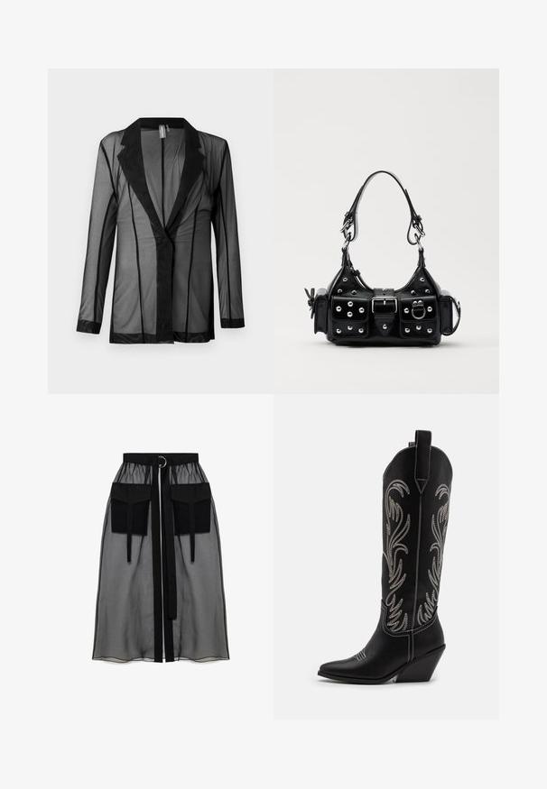 Must musta sviiter klassikalise kraega, pikad varrukad ja vertikaalsed triibud. Valmistatud kergest materjalist, millel on sile tekstuur ja avatud esiosa.; Musta pikkade varrukatega ülemus, mis on valmistatud läbipaistvast kangast, ümmarguse kaeluse, esise nuppluku ja laineliste servadega varrukatel.; Must mustriga seelik, millel on kogutud vöökoht, kaks suurt esitaskut, vöötie ja ringikujuline metallaktsent.; Mustad mustad nahast cowboy saapad terava ninaga, vööndkanna ja hõbedaste tikanditega lillemustritega varred. Kontrastõmblused üle kogu.; Must värvi nahast käekott, millel on kaarjas disain, hõbedased nupukesed, kinnitusahe ja kaks külgtaskut. Reguleeritav rihm erinevate kandmisvõimaluste jaoks.