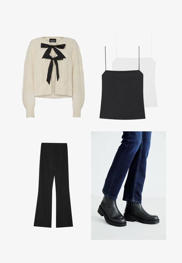 Pulôver creme de ponto canelado com laço preto no decote, mangas longas, e punhos e barra canelados. Textura suave, corte casual.; São mostrados dois tops de alças: um preto e um branco. Ambos têm alças finas e um design justo, feitos de um tecido liso e elástico.; Calças pretas a boca de sino com um tecido texturizado, apresentando um cós elástico e um corte solto, projetadas para conforto e facilidade de movimento.; Botas de tornozelo de couro preto com sola grossa e painéis elásticos laterais, combinadas com jeans azul escuro. O chão é de cor clara.