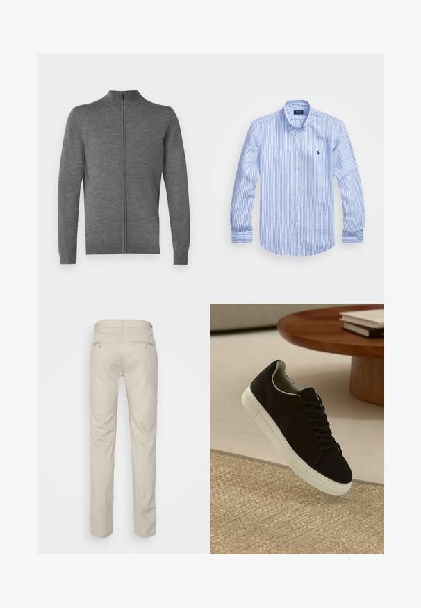 JOOP! DAVIS - Cardigan - medium grey; Camicia a maniche lunghe a righe bianche e blu in cotone, con colletto button-down, bottoni frontali e un piccolo logo ricamato sul petto.; Pantaloni beige con una texture liscia, taglio dritto, due tasche posteriori con bottoni e vita standard.; Sneaker nero con suola bianca che flotta sopra un tappeto beige testurizzato vicino a un tavolo rotondo in legno con libri impilati.