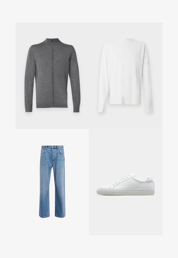 JOOP! DAVIS - Vest - medium grey; Witte katoenen blouse met lange mouwen en een ronde halslijn, met zijsplitten aan de onderkant en een gladde textuur, vanuit de achterkant weergegeven.; Lichtblauwe denim jeans met een straight-leg ontwerp, vijf zakken, knoopsluiting, minimale vervaging en contrasterende stikseldetails.; Witte sneaker met een gladlederen bovenwerk en een laag profiel. Voorzien van een ronde neus, zes vetergaatjes en een gestructureerde rubberen zool.