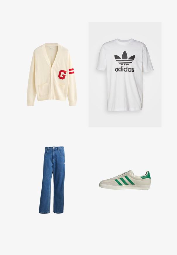 Cardigan crema con scollo a V, caratterizzato da una grande patch rossa con la lettera "G" e due strisce rosse sulla manica sinistra. Include due tasche frontali.; T-shirt bianco in cotone con logo Adidas nero e design a tre foglie e tre strisce. Maniche corte, scollo rotondo e vestibilità morbida.; Jeans di denim a vita alta e gamba larga blu, con tasche frontali, passanti per cintura, chiusura a bottone e piccolo logo Adidas sulla coscia destra.; Sneaker beige con strisce verdi, con suola bianca e tomaia in pelle liscia. Vista laterale che evidenzia i dettagli dei lacci e il logo.