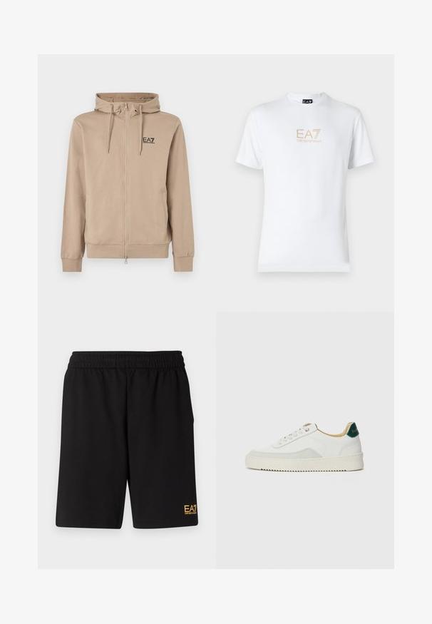 Bežna zip-up kapuca je izdelana iz mehkega materiala, ima kapuco z vrvico in EA7 logo na prsih. Vključuje stranske žepe in rebraste manšete.; Bela bombažna majica s krožnim izrezom in kratkimi rokavi, s pozlačenim logotipom EA7 Emporio Armani natisnjenim spredaj.; Črne športne kratke hlače iz mehkega blaga, z elastičnim pasom in majhnim rumenim logotipom EA7 na spodnjem levem delu noge.; Bela trenerka z zaključki iz semiša, okroglo konico, ravne vezalke in kremna gumijasta podplata. Ima zeleno blagovno znamko na peti.