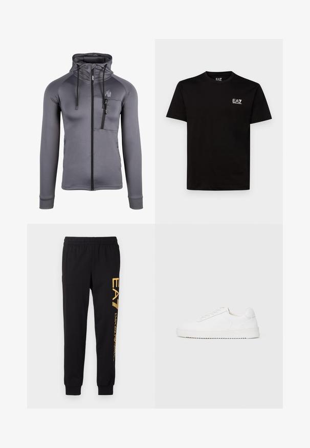 Grijze zip-up hoodie gemaakt van zachte stof, met een hoge kraag, trekkoorden, zijzakken en een borstzak met rits.; Zwarte katoenen t-shirt met ronde hals, korte mouwen en klein wit EA7-logo op de linkerborst. Gladde textuur enRegular fit.; Zwarte trainingsbroek van zacht materiaal, met een elastische tailleband en cuffed enkels. Gele branding die verticaal op het linkerpijp is gedrukt.; Witte sneaker met een gladleren bovenkant, ronde neus, veters, gestructureerde zijaccenten en een dikke rubberen zool. Minimalistisch ontwerp.