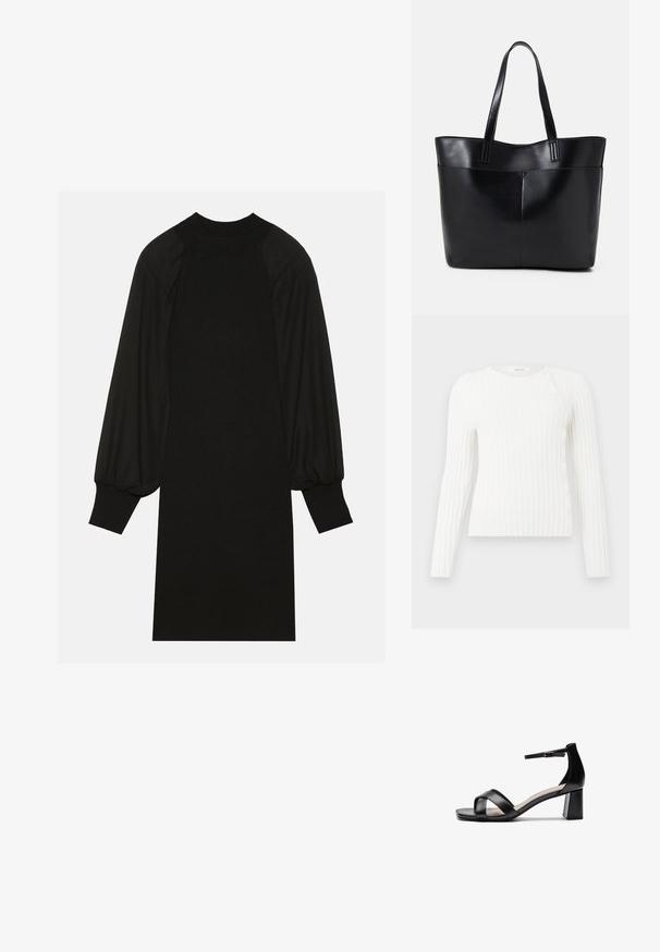 Bela rebrasta dolgi pulover z okroglim izrezom in diagonalnim nizom majhnih gumbov od rame do roba na desni strani.; Črna obleka z rebrasto tkanino, napihnjenimi rokavi in visokim ovratnikom. Silhueta je ravna in sega do kolen.; Črne odprte sandale s peto, ki imajo križane naramnice, nastavljivo zapestnico in debelo peto, z gladko usnjeno teksturo.; Črna usnjena torba z dvema dolgima ročajema, gladko teksturo in strukturirano obliko. Ima sprednji žep za dodatno shranjevanje.