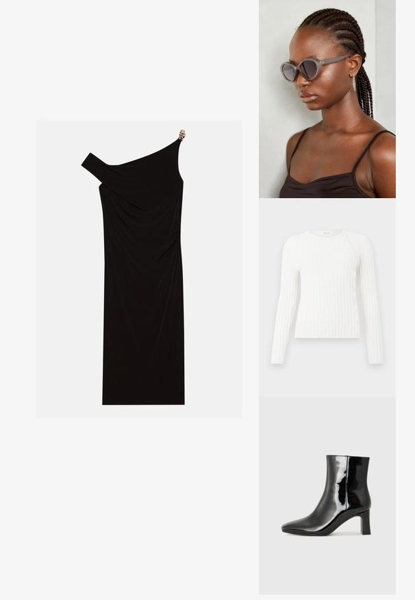 Fehér bordázott, hosszú ujjú pulóver kerek nyakkivágással és egy átlós sor kis gombbal a válltól a szegélyig a jobb oldalon.; Fekete, egyvállas ruha, drapált anyagból, arany díszítéssel a vállon, sima textúrájú és térd hosszúságú kialakítással.; Fekete lakk bőrcipő bokáig érő, hegyes orral és közepes magasságú tömbsarokkal. Simább textúrával és minimalista dizájnnal rendelkezik.; Szürke, oversized napszemüveg kerek formával és sötét lencsékkel. Sima felületű, elegáns műanyag keret. A modellen fonott haj van.; Fekete kézi táska strukturált formával, sima textúrával és fémből készült záródással. Széles fekete nadrággal és nyitott orrú szandállal párosítva, fából készült padlón.