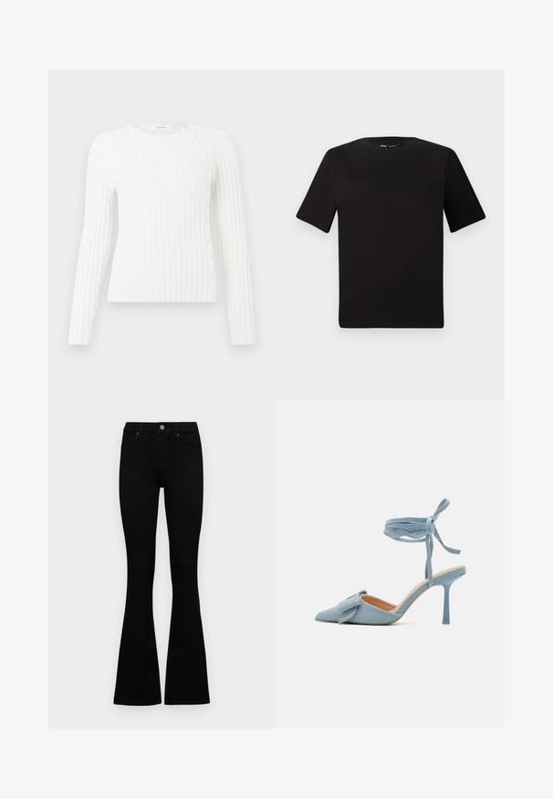 White ribbed long-sleeve sweater with round neckline and diagonal row of small buttons from shoulder to hem on right side.; Black short-sleeve t-shirt with a round neckline, crafted from soft cotton fabric. Simple design, no visible logos or patterns.; Black high-waist jeans with a button and zip closure, front pockets, and flared legs laid flat on a white background.; Pointed-toe high heel shoe in light blue fabric with a textured finish, featuring a bow accent and ankle strap for secure fit.