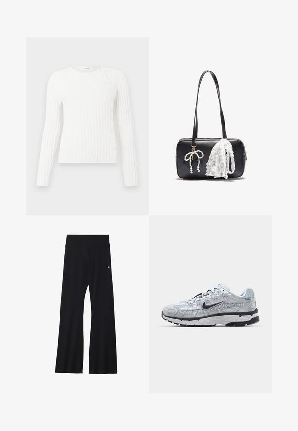 Bílý žebrovaný svetr s dlouhým rukávem a kulatým výstřihem, s diagonálním řádkem malých knoflíků od ramene po lem na pravé straně.; Dlouhý rukáv, top s kulatým výstřihem v krémové barvě, vyrobený z měkké látky. Disponuje rovný střihem a minimalistickým designem bez ozdob.; Černé rozšířené jógové kalhoty z pružné látky, s širokým pasem a malým logem blízko boků. Hladký povrch, bez vzorů.; Tenisky Nike P-6000 s lehkou šedou síťovinou, černými akcenty a odolnou černou gumovou podrážkou. Vyznačují se složitým designem a systémem šněrování.; Even&Odd Kabelka - black