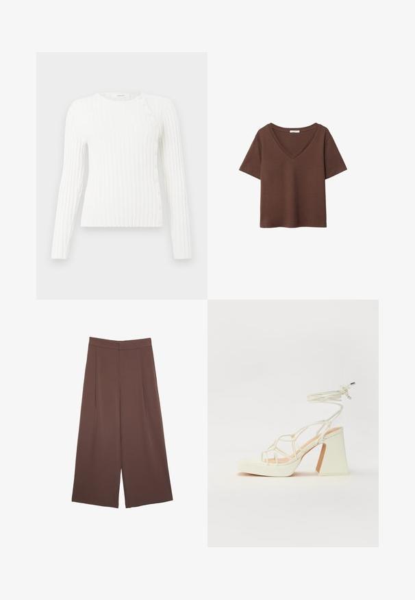 Maglione bianco a maniche lunghe con collo rotondo e fila diagonale di piccoli bottoni che vanno dalla spalla all'orlo sul lato destro.; T-shirt in cotone marrone con maniche corte e scollo a V profondo. Design semplice, texture morbida e orlo dritto. Senza fantasie o dettagli.; Pantaloni ampi marroni con una texture liscia, caratterizzati da una vita alta e pieghe frontali. Il tessuto è leggero e scorre liberamente.; Sandalo bianco con tacco alto, caratterizzato da un design a cinturini e un legaccio alla caviglia. Texture liscia con una piattaforma frontale per un'altezza aggiuntiva.