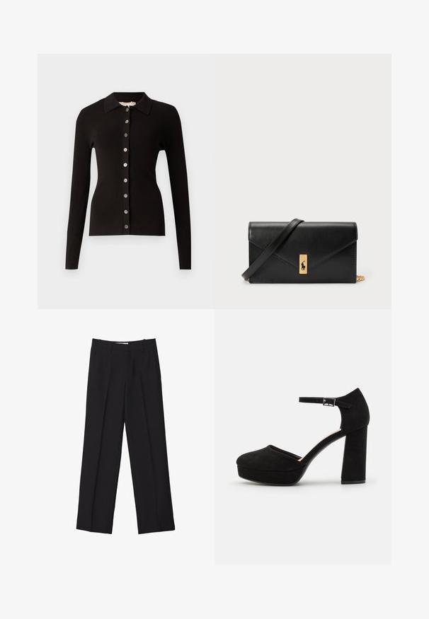 Cardigan nero a coste con collo e chiusura frontale a bottoni metallici. Maniche lunghe e design aderente.; Top nero a spalla singola con sovrapposizione trasparente arricciata lungo il collo, realizzato in tessuto leggero con una texture morbida.; Pantaloni neri su misura con design a gamba dritta, caratterizzati da doppie pince, una texture liscia e dettagli discreti sulle cuciture frontali.; Scarpe con tacco a piattaforma nere in suede, dotate di un spesso tacco a blocco, punta arrotondata e cinturino alla caviglia fissato da una fibbia in metallo. Texture liscia su tutta la superficie.; Portafoglio in pelle nera con pattina a pieghe, accessori dorati, con un logo decorativo. Include una tracolla staccabile per il trasporto.