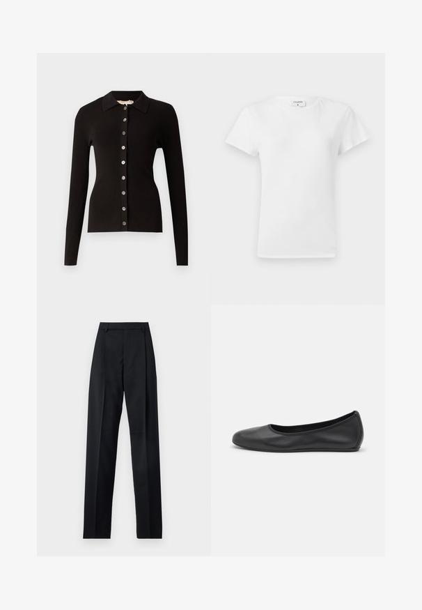 Musta ribbattu neuletakki, jossa on kauluskäänne ja vetoketjullinen etuosa, jossa on metallinappeja. Pitkät hihat ja tyköistuva malli.; Valkoinen puuvillapaita, jossa on pyöreä kaula-aukko ja lyhyet hihat, rento malli ja minimalinen muotoilu. Tuotetunnus näkyvissä kaulassa.; Musta housut, jotka on valmistettu sileästä kankaasta ja joissa on korkea vyötärö, leveät lahkeet, etukaarteet ja klassiset vyölenkit. Ei näkyviä sivutaskuja.; Musta nahkainen ballerina, jossa on pyöristetty kärki, sileä pinta, minimaalinen ommelkoristelu ja joustava pohjamuotoilu.