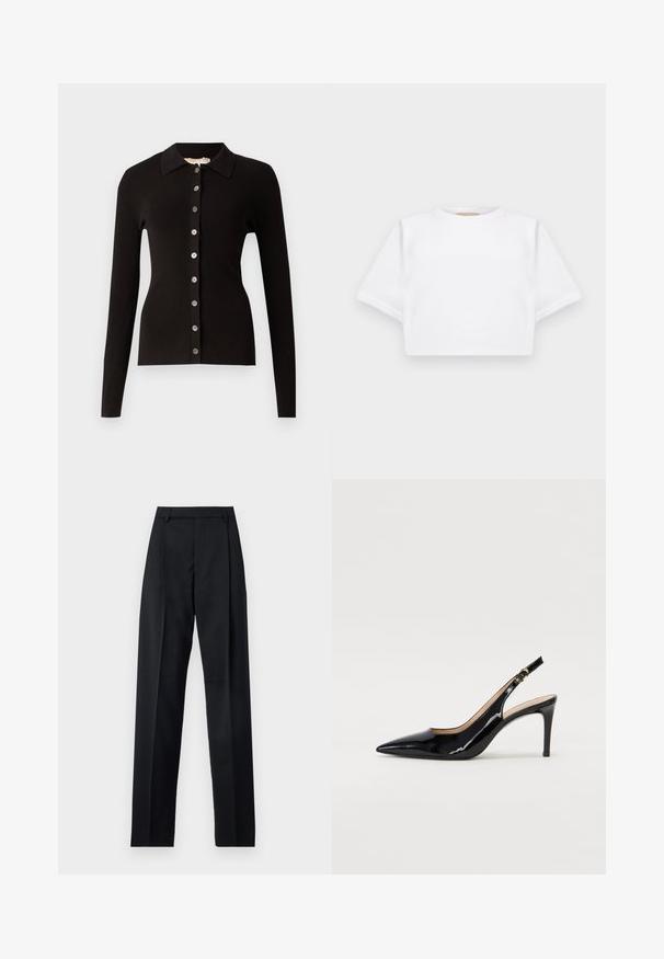Cardigan noir à côtes, avec un col et un devant boutonné agrémenté de boutons métalliques. Manches longues et design ajusté.; T-shirt blanc court en tissu doux, avec des manches courtes, un col rond et des détails en côtes sur l'ourlet. Design simple et sans embellissement.; Pantalon noir en tissu lisse avec taille haute, jambes larges, plis à l'avant et passants de ceinture classiques. Pas de poches latérales visibles.; Pompe slingback en cuir verni noir avec un bout pointu, un talon fin et un design de découpes subtil. Elle dispose d'une boucle dorée sur la sangle.