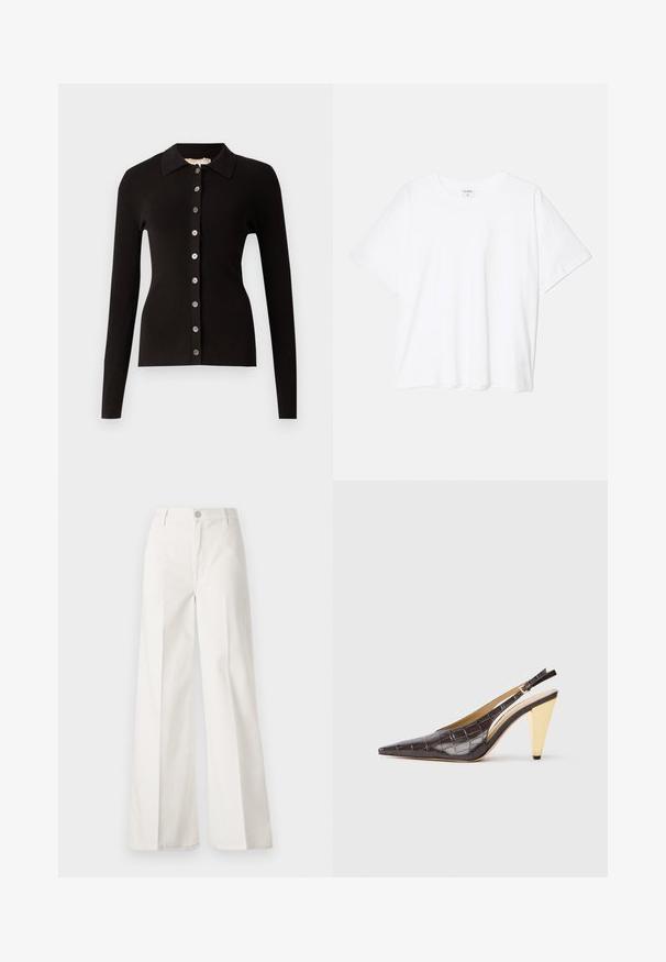 Svart ribbestrikket cardigan med krage og knappestolpe foran med metallknapper. Lange ermer og tettsittende design.; Hvit bomulls t-skjorte med korte ermer, rund hals, avslappet passform og sydd kant. Merke synlig på innsiden av halsen.; Hvite vide bukser laget av bomull med en glatt tekstur. Har en frontknapp, glidelåsgylf og fire lommer.; Spenne-punktet hæl i mørkebrun, blank faux krokodillelær. Har en gullfarge geometrisk hæl og justerbar ankelstropp.