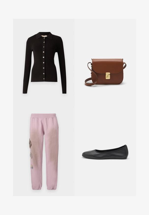 Czarny kardigan z prążkowanej tkaniny, z kołnierzykiem i zapięciem na guziki z metalowymi guzikami. Długie rękawy i dopasowany krój.; Biała koszulka krótki rękaw wykonana z materiału prążkowanego. Okrągły dekolt, regularny krój i subtelne detale szwów. Bez wzorów ani grafik.; Różowe dresy z elastycznym pasem, zdobione dekoracyjnymi łatkami w kształcie diamentów po lewej stronie oraz elastycznymi mankietami na kostkach.; Czarne skórzane baletki z zaokrąglonym noskiem, gładką fakturą, minimalnymi przeszyciami i elastycznym designem podeszwy.; Brązowa skórzana torebka na ramię z klapką, złotymi detalami, paskiem na ramię i gładką teksturą. Kompaktowy prostokątny kształt.