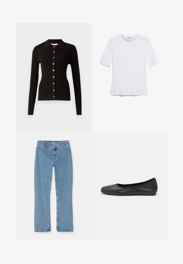 Svart ribbestrikket cardigan med krage og knappestolpe foran med metallknapper. Lange ermer og tettsittende design.; Hvit kortermet t-skjorte laget av ribbestrikket materiale. Rund hals, vanlig passform og subtile sømdetaljer. Ingen mønstre eller grafikk.; Lyseblå denimjeans med rett ben, med knappe- og glidelås-lukking, beltestropper og standard sømmer på hvit bakgrunn.; Svart skinnballettflatt med rund tå, glatt tekstur, minimal sømdetalj, og et fleksibelt såledesign.