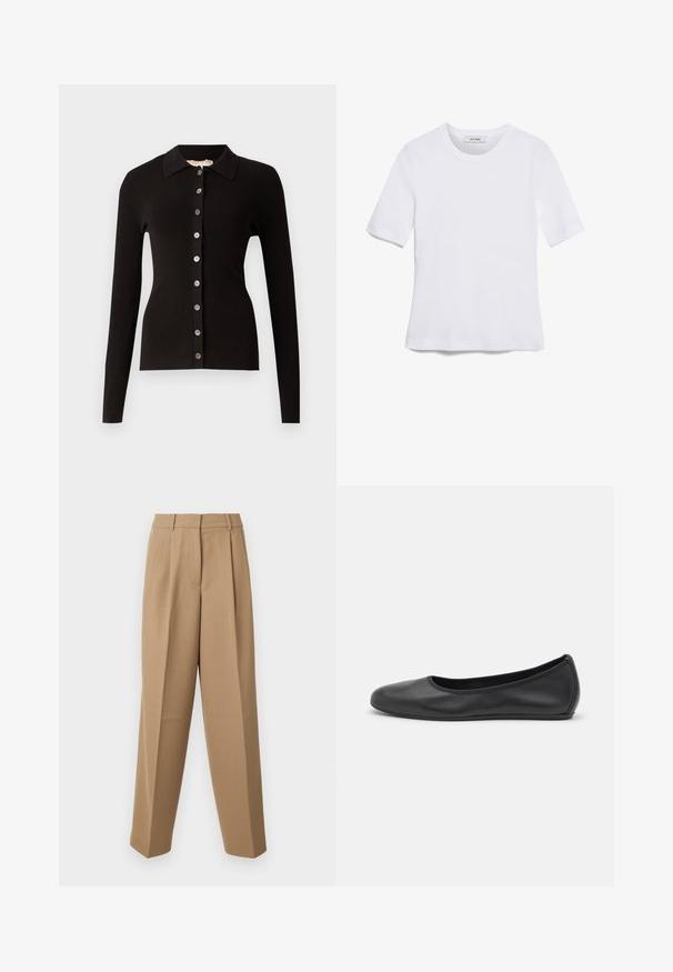 Black ribbed cardigan featuring a collared neckline and a button-down front with metallic buttons. Long sleeves and fitted design.; White short-sleeve t-shirt made of ribbed fabric. Round neckline, regular fit, and subtle stitching details. No patterns or graphics.; Beige tailored trousers with a high waist, pleated front, and wide-leg cut. The fabric appears smooth with a slight sheen.; Black leather ballet flat with a rounded toe, smooth texture, minimal stitching detail, and a flexible sole design.