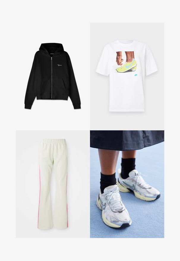 Fekete zipzáras kapucnis pulcsi bordázott textúrával, kenguru zsebbel és nagy kapucnival. A bal felső oldalon fehér logó található.; Fehér pamut póló, amelyen sárga Nike cipőben lévő lábak grafika található kék részletekkel, bal csuklón pedig egy karkötő látható.; Világos bézs színű nadrág, elasztikus derékrésszel, rózsaszín oldalsávokkal és oldalzsebekkel. Sima felület, egyenes lábdesign.; Fehér és ezüst Nike sportcipők hálós anyagból, fényvisszaverő részletekkel és bézs talppal. Fekete zoknival viselve, egy kék felületen állva.
