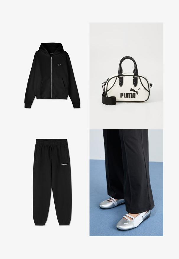 Juodas zip-up džemperis su šonkauliniu tekstūra, kengūros tipo kišenėmis ir dideliu kapišonu. Yra baltas logotipas kairėje viršutinėje pusėje.; Pilkas medvilnės marškinėliai trumpomis rankovėmis, turintys apvalią iškirptę ir mažą baltą "PEGADOR" logotipą priekyje. Sklandi tekstūra, laisvas siluetas.; Juodos sportinės kelnės, pagamintos iš minkštos medžiagos, su raišteliu juosmenyje, siaurėjančiomis kojomis ir šoninėmis kišenėmis. Priekyje yra baltas "PEGADOR" logotipas.; Sidabrinės ir baltos plokščios bateliai su kryžminiais dirželiais ir tekstūruotu raštu, derinami su laisvais juodais kelniais. Fonas - mėlyna grindų danga.; Balta rankinė su juodais akcentais, su Puma logotipu. Trumpi, apvalūs rankenėlės ir nuimamas diržas, pagaminta iš tekstūruotos sintetinės medžiagos.