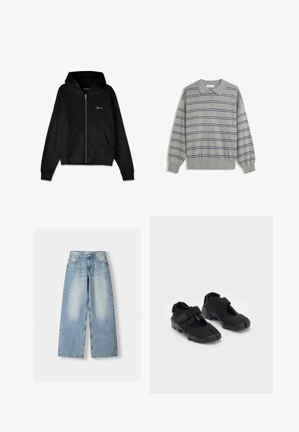 Fekete zipzáras kapucnis pulcsi bordázott textúrával, kenguru zsebbel és nagy kapucnival. A bal felső oldalon fehér logó található.; Szürke, hosszú ujjú polo pulóver, galléros nyakkal, melyet sötétkék vízszintes csíkok díszítenek, és gombos záródás található a nyaknál. Puha tapintású.; Világoskék, széles szárú, magas derekú farmernadrág, enyhén kopott hatással, öt zsebbel és egyenes szabással.; Fekete vízicipők rugalmas anyagból, tépőzárral, egyedülálló osztott orrdesignnal és texturált gumitalppal a tapadás érdekében.