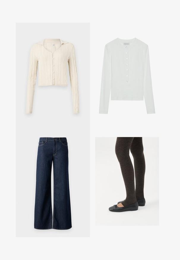 Kreminės spalvos megztinis su ilgomis rankovėmis, V formos iškirpte ir penkiomis perlų mygtukais priekyje. Trumpas dizainas.; Balta ilga rankovė viršutinė dalis, pagaminta iš glotnaus audinio, su apvaliu iškirpimu ir mygtukais priekyje, turinčiais šešis permatomus mygtukus.; Plati kojinės džinsai tamsiai mėlynos džinsinės medžiagos. Yra kontrastingas siuvimo ornamentas, penkios kišenės ir užsegimas mygtuku juosmenyje. Lygus paviršius.; Juodos plokščios bateliai su maža kaspinėlio detale prie pirštų, derinami su tamsiai rudos spalvos raukšlėtomis pėdkelnėmis. Bateliai turi lygų paviršių ir žemą profilį.