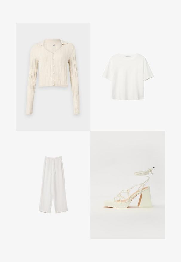Kremno obarvana kardigan z pletenico, dolgo rokavi, V-izrezom in petimi bisernimi gumbi spredaj. Oblika je krajša.; Bela kratka majica s kratkimi rokavi iz bombaža. Ima okroglo izrezovanje in sproščen kroj. Gladka tekstura brez vidnih vzorcev ali poudarkov.; Bele široke hlače iz lahkega materiala. Imajo elastičen pas s vrvico in stranske žepe. Gladka tekstura.; Bela sandala na visokih petah s debelim petam, ki ima obliko trakcev in vezanje okoli gležnja. Gladka tekstura z platformo spredaj za dodatno višino.