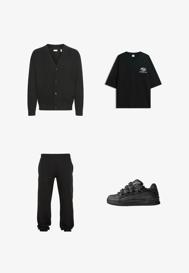 Solid SDNALLI - Vest - true black; Zwarte oversized katoenen t-shirt met een ronde halslijn en korte mouwen, met een witte "Shibuya" logo gedrukt op de voorkant.; Zwarte sweatpants van zachte stof, met een elastische tailleband en elastische boorden bij de enkels, die zorgen voor een relaxte fit en comfort.; Zwarte sneakers met een glad leren bovenwerk, gearceerde accenten en ronde zwart-witte veters. Dikke rubberen zool met een geprofileerd loopvlak.