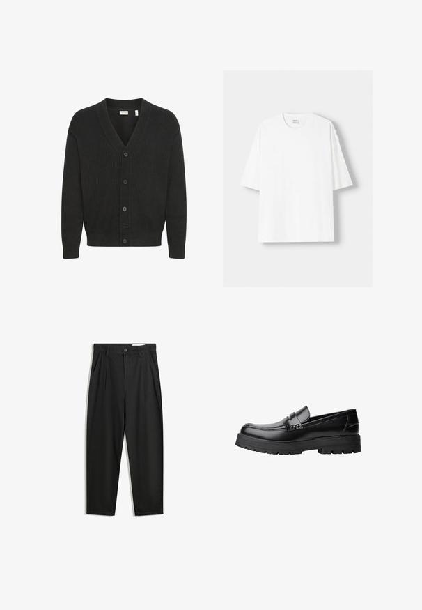 Solid SDNALLI - Vesta na kopčanje - true black; Bijela kratkodlana majica s kratkim rukavima, izrađena od pamuka, s okruglim izrezom i opuštenim krojem. Gladak materijal, bez vidljivih uzoraka ili akcenta.; Crne pamučne hlače s opuštenim krojem, s klasičnim pojasom, prednjim nabranjima i bočnim džepovima. Glatka tekstura bez uzoraka.; Crna kožna mokasina s debelim potplatima i dekorativnom trakom preko gornjeg dijela, prikazana u lijevom bočnom profilu na bijeloj pozadini.