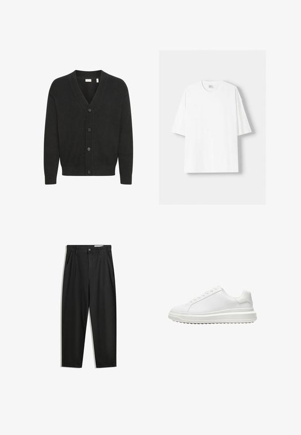 Solid SDNALLI - Cardigan - true black; Tricou alb cu mânecă scurtă, confecționat din bumbac, cu un decolteu rotund și o croială lejeră. Textură netedă, fără modele sau accente vizibile.; Pantaloni negri din bumbac cu croială lejeră, având un brâu clasic, plii frontale și buzunare laterale. Textură netedă fără modele.; Adidași albi cu un upper sintetic neted, vârf rotund, șireturi plate, talpă texturată și un design pe straturi, oferind un plus de înălțime.