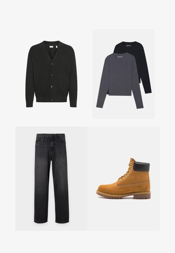 Solid SDNALLI - Cardigan - true black; YOURTURN 2 PACK UNISEX - Bluză cu mânecă lungă - dark grey/black; Jeans negri din denim, cu croială dreaptă, cu fermoar, cinci buzunare și detalii subtile de decolorare pe material.; Cizmă de gleznă din întoarsă de culoare bej, cu guler negru căptușit, ochiuri din metal auriu, detalii de cusătură albă și talpă din cauciuc robustă, cu un model pronunțat.