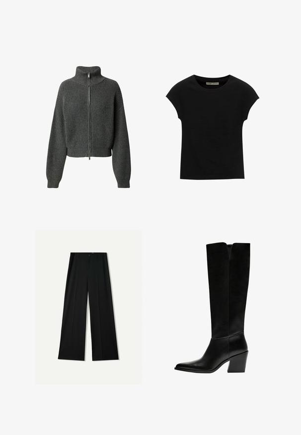 LeGer by Lena Gercke CINDY JUMPER - Kardigán - graumeliert; Čierne tričko s krátkym rukávom a okrúhlym výstrihom. Vyrobené z hladkej, elastickej bavlnenej tkaniny. Jednoduchý dizajn bez vzorov alebo grafiky.; Bershka WIDE - Nohavice - black; Čierne vysoké čižmy vyrobené z hladkej kože, s ostrou špičkou, blokovým podpätkom a V-čkovým výrezom na vrchu.