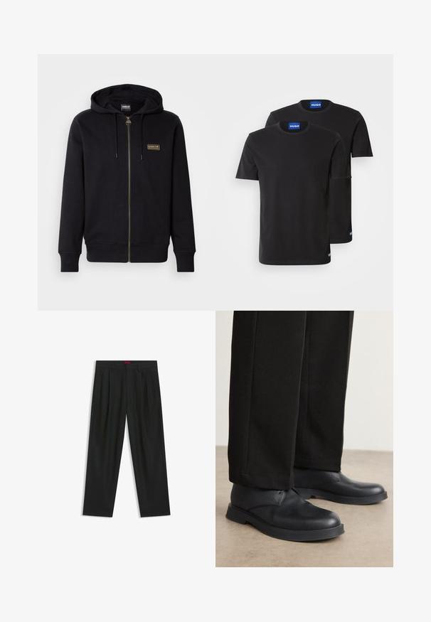 Black zip-up hoodie made of soft fabric, featuring a gold logo patch, drawstring hood, and ribbed cuffs and hem.; Two black cotton T-shirts with round necklines, short sleeves, and blue "HUGO" labels on the collars and side hems.; Black trousers with a pleated design, wide leg shape, and a smooth texture. Features a red waistband tag.; Black leather shoes with a rounded toe, flat sole, and minimal detailing. Paired with tailored black pants, showing smooth texture.