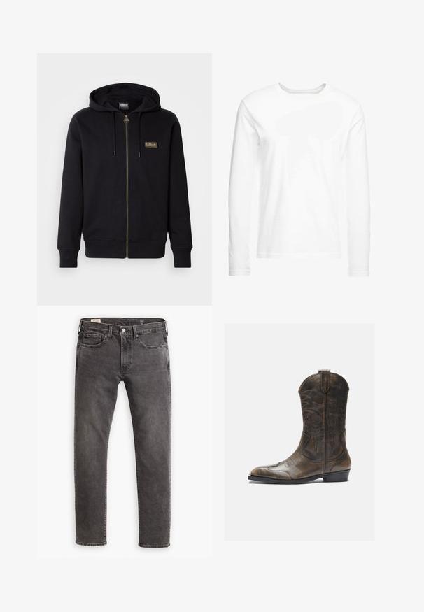Black zip-up hoodie made of soft fabric, featuring a gold logo patch, drawstring hood, and ribbed cuffs and hem.; Long-sleeve white t-shirt made of soft cotton. Crew neckline with straight cut hems and no visible patterns or graphics.; Gray denim jeans with a straight cut, five-pocket design, and a button fly. Features subtle fading and tonal stitching throughout.; Brown leather cowboy boot with a tall shaft, pointed toe, intricate stitching patterns, and a small heel. Textured finish throughout.