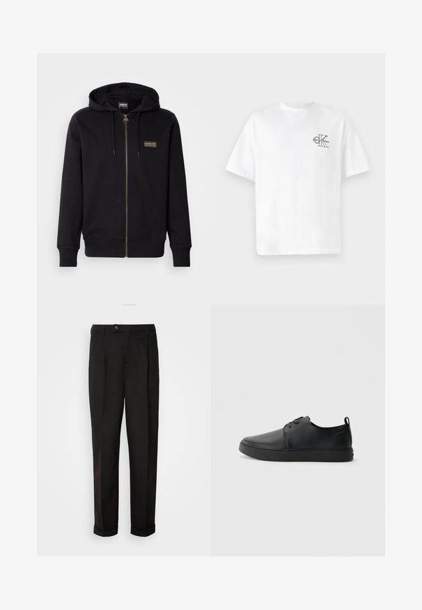 Μαυ hoodie με φερμουάρ, φτιαγμένο από μαλακό ύφασμα, με χρυσό λογότυπο, κουκούλα με κορδόνια, και λάστιχο στους καρπούς και το στρίφωμα.; Λευκό βαμβακερό μπλουζάκι με κοντά μανίκια, στρογγυλή λαιμόκοψη, με μαύρο λογότυπο CK στην αριστερή πλευρά του στήθους, κανονική εφαρμογή, απαλό υλικό.; Μαύρο παντελόνι με λεία υφή, με ίσια γραμμή, δύο μπροστινές τσέπες και κλείσιμο με ένα μόνο κουμπί στη μέση.; Μαύρο δερμάτινο αθλητικό παπούτσι με λεία επιφάνεια, στρογγυλή μύτη, τονικό ράψιμο, κορδόνια μπροστά και επίπεδη καουτσούκ σόλα. Βρόχος στην πτέρνα.