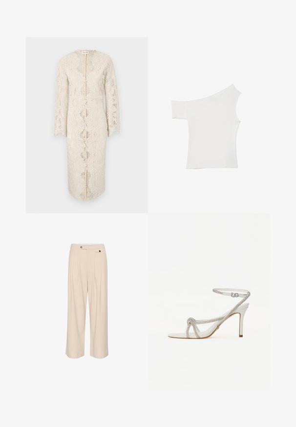 Abito in pizzo di colore bianco sporco con maniche lunghe, scollatura a V e apertura centrale. Caratterizzato da intricati motivi floreali e bordi sagomati.; Top bianco asimmetrico realizzato in un tessuto morbido, con una manica corta e un design una spalla scoperta, caratterizzato da un look pulito e minimalista.; Pantaloni beige a gamba larga con davanti piatto, due tasche laterali, chiusura con bottone e dettagli plissettati per un tocco di texture e design.; Sandal con tacco alto bianco con cinturino testurizzato e strass, design aperto sulla punta e cinturino alla caviglia con fibbia regolabile.