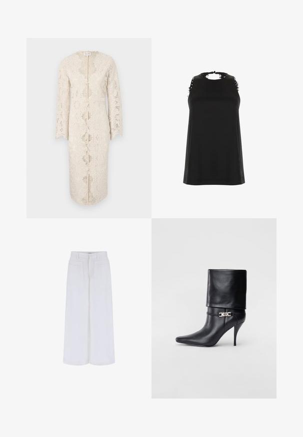 Čipkované šaty v krémovej farbe s dlhými rukávmi, výstrihom do V a otvorením v prednej časti. Obsahujú zložitú kvetinovú výšivku a zúbkované okraje.; Čierny bezrukávový top s vysokým výstrihom, s roztrhnutými čipkovými akcentmi na pleciach a hladkým, jemným materiálom.; Biele široké nohavice s hladkým povrchom, so 2 prednými vreckami a zapínaním na gombík, navrhnuté pre pohodlné nosenie.; Čierna kožená členková topánka s špicatou špičkou, vysokým ihlovým podpätkom, prehnutým manžetom a zlatým dekoratívnym sponou na členku.