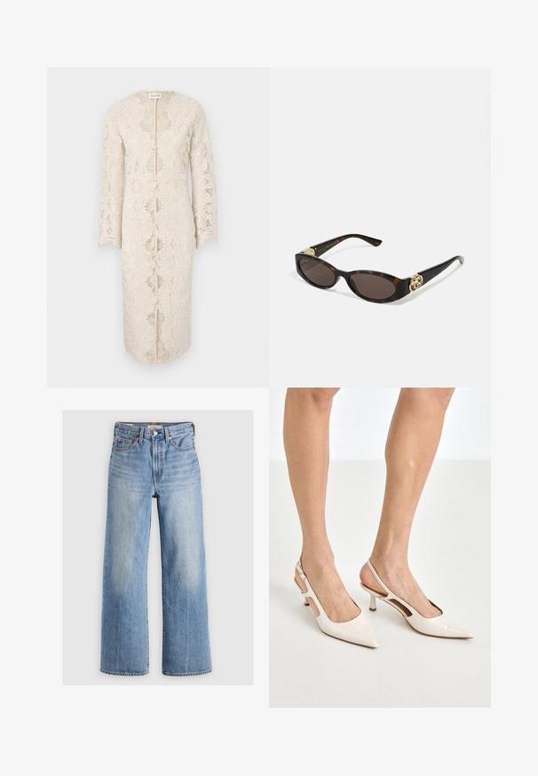 Kanten jurk in off-white met lange mouwen, een v-hals en een opening aan de voorkant in het midden. Bevat ingewikkelde bloemmotieven en geschulpte randen.; Langarm turtleneck top in een lichtbeige kleur. Gemaakt van een zachte, rekbare stof met een comfortabele pasvorm en een omgevouwen halslijn.; Lichtblauwe denim wijde broek met hoge taille, vervaagde plekken, vijf zakken en contrasterende stiksels. Klassieke knoop- en ritssluiting.; Beige gepatineerde leren slingback hakken met een spitze neus en een hak van 5 cm, met uitsparingen aan de zijkanten en een dunne enkelband.; Schildpadbril met langwerpige ovale lenzen, bruine tint, gouden logo-accenten op de pootjes en slanke zwarte armen.; Gebogen crèmekleurige leren handtas met een enkele schouderband, gouden hardware en subtiele branding aan de onderkant. Rits sluiting langs de bovenrand.; Gouden halsketting met een bladontwerp en getextureerde details. Het stuk heeft een kettingsluiting en een natuurlijke, vloeiende vorm.