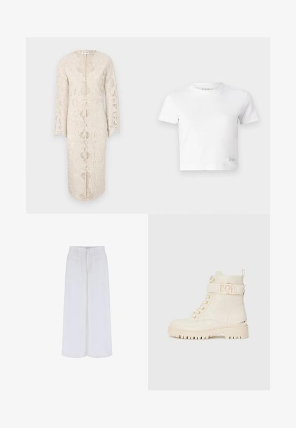 Mežģīņu kleita off-white krāsā ar garām piedurknēm, V veida kakla izgriezumu un centrālo atvērumu. Iezīmējas ar sarežģītiem ziedu rakstiem un viļņveida malām.; Balts īsais T-krekls, izgatavots no gludas kokvilnas, ar augstu kakla izgriezumu un īsām piedurknēm. Neliels izšūts logo apakšējā stūrī.; Baltas platas bikses ar gludu tekstūru, ar divām priekšējām kabatām un pogu aizdari, paredzētas brīvai piegulšanai.; Baltās potītes ar ziedu reljefu, šņorējamas, ar sānu siksniņu, kurai ir zelta logo, un izturīgu zolīti labākai saķerei.