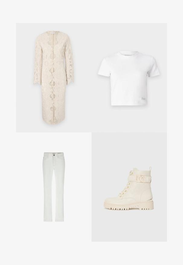 Čipkasta obleka v off-white barvi z dolgimi rokavi, oblikovana v v-izrezu in s sprednjim odprtjem. Ima zapletene cvetlične vzorce in valovite robove.; Bela skrajšana majica iz gladkega bombaža, z visokim ovratnikom in kratkimi rokavi. Majhen vezen logotip v spodnjem kotu.; Beli traperice s slim krojem, zasnovane s petimi žepi in kontrastnim šivanjem. Imajo gumbasto zapiranje in diskretno oznako blagovne znamke na pasu.; Bele gležnjače z floralnim reliefom, zavezovanjem, stranskim trakom z zlatim logotipom in trdnim podplatom za oprijem.