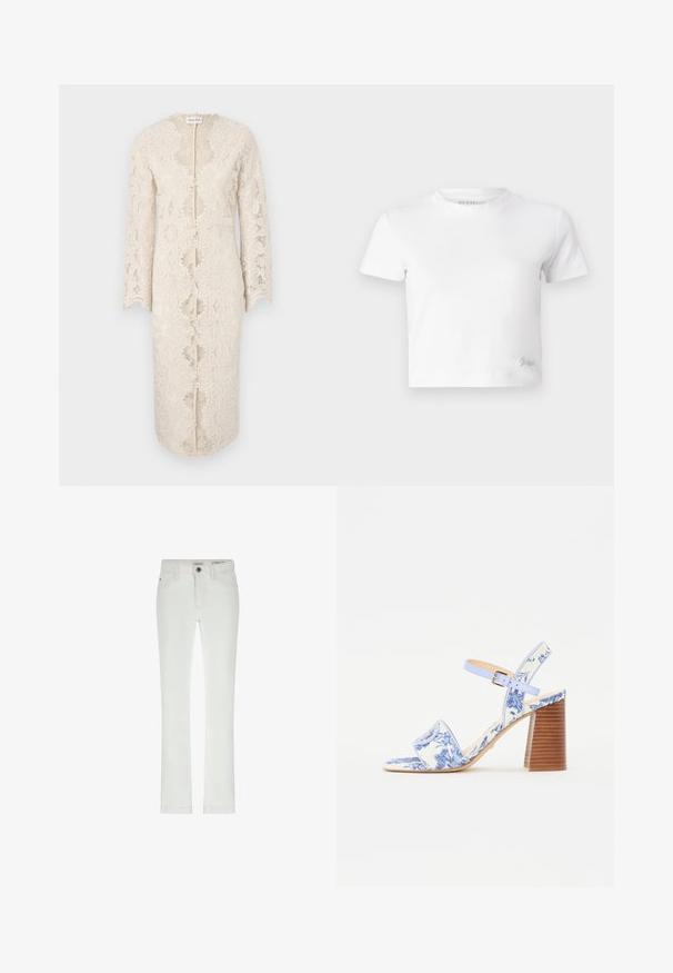 Valgest pitskleit, millel on pikad varrukad, V-kaelus ja keskel avamine. Omab keerukaid lillemustri ja lainelisi servi.; Valge lühike t-särk, mis on valmistatud siledast puuvillast, kõrge kaelusega ja lühikeste varrukatega. Väike tikand logoga alumises nurgas.; Valged teksad slimmis, 5-tasku disainiga ja kontrastsete õmblustega. Omavad nööpkinnitust ja diskreetset brändi märkust vöökoha juures.; Sinine lillemustriga sandaal ruudukujulise varbaga, laia riba ja reguleeritava pahkluu rihmaga, millel on tekstuuriga puidust plokk-kann.