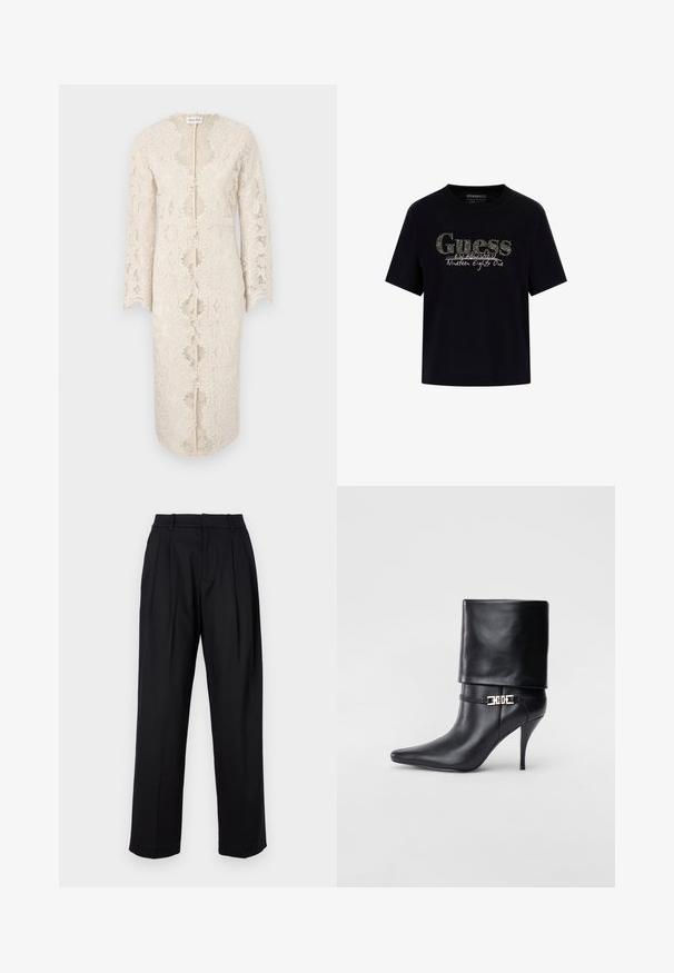Krajková šaty v barvě slonové kosti s dlouhými rukávy, výstřihem do V a otevřením v přední části. Obsahují složité květinové vzory a vlnkované okraje.; Černé bavlněné tričko s kulatým výstřihem a krátkým rukávem. Obsahuje třpytivý logo "Guess" a text "Established Nineteen Eighty One".; Černé kalhoty s přizpůsobeným designem, vysokým pasem, sklady a rovnými nohavicemi. Vyrobené z hladké látky s jednou barvou.; Černé kožené kotníkové boty s špičatou špičkou, vysokým stiletto podpatkem, ohrnovací manžetou a zlatým ozdobným přezkovým detailem na kotníku.