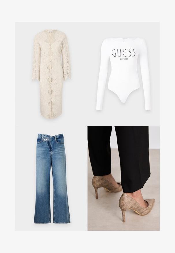 Kanten jurk in off-white met lange mouwen, een v-hals en een opening aan de voorkant in het midden. Bevat ingewikkelde bloemmotieven en geschulpte randen.; Witte lange mouw bodysuit met een ronde hals. Voorzien van het 'GUESS' logo en 'EST.1981' in het zwart gedrukt op de voorkant. Soepele textuur.; Lichtblauwe flared jeans met een hoge taille, voorzien van twee knopen en voorzakken. De stof heeft een vervaagde textuur met subtiele variaties.; Beige hoge hakken met een gestructureerde stof met een herhalend patroon. Puntige neusontwerp met een achteraccent en gouden hakdetail.