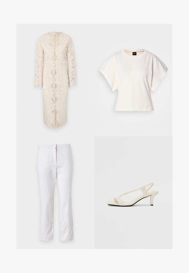 Koronkowa sukienka w kolorze białym ecru z długimi rękawami, dekoltem w serek i otwarciem z przodu. Posiada skomplikowane kwiatowe wzory oraz falbany na brzegach.; Biała, krótka koszulka z szerokimi rękawami, wykonana z miękkiej bawełny, okrągły dekolt z delikatnym pomarańczowym wykończeniem, minimalistyczny design, bez wzorów i grafik.; Białe bawełniane spodnie o prostym kroju nogawki, z średnim stanem, bez widocznych elementów metalowych czy wzorów. Gładka tekstura na całej powierzchni.; Beżowe sandały na blokowym obcasie z cienkimi ramiączkami i kwadratowym noskiem. Gładki materiał z minimalną ilością detali, zaprojektowane z myślą o łatwym zakładaniu.